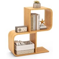 Gymax S-Shaped Bookcase 2-Tier Corner Display Shelf Floor Storage Rack in Natural