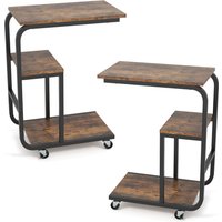 Gymax 2 PCS Rolling End Table C-shaped Couch Table Industrial Sofa Side Table in Brown | Size: 2 Pack
