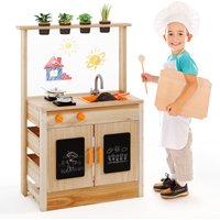 Gymax Mud Kitchen Wooden Toy Kitchen Play Set With Chalkboards Planting Pots in Light Khaki
