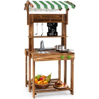 Gymax Double-Sided Mud Kitchen Wooden Barbecue Grill Playset With Canopy in Brown