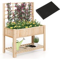 Gymax Wooden Elevated Planter Box With Trellis Raised Garden Bed & Shelf in Light Khaki