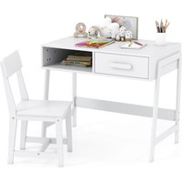 Gymax Desk & Chair Set Wooden Study Desk Set With Drawer & Chair in White