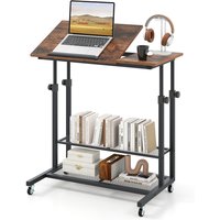 Gymax Mobile Stand up Desk Tilting Tabletop Height Adjustable With Shelves in Brown