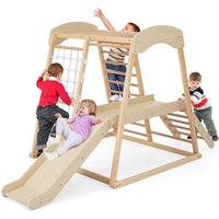 Gymax 6-in-1 Jungle Gym Wooden Indoor Large Climbing Toy with Monkey Bars in Light Khaki