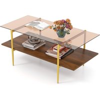 Costway 2-Tier Glass Coffee Table Rectangle Center Table w/Storage Shelf in Brown