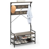 Costway Coat Rack 4-In-1 Hall Tree with 11 Hanging Hooks & Shoe Bench in Grey