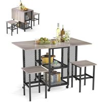 Costway Drop Leaf Bar Table Set 3 Piece Folding Dining Table Set w/2 Stools in Grey