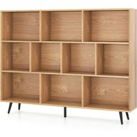 Gymax 10-Cube Freestanding Bookcase 140 CM Mid Century Storage Organizer in Light Khaki