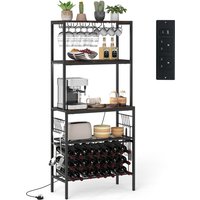 Costway Wine Organizer Bar Multi-Tier Bakers Rack w/ Power Outlet in Brown