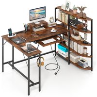 Gymax Corner Computer Desk L-Shaped Desk With Storage Shelves in Brown
