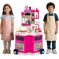 Gymax Kitchen Playset Corner Play Kitchen with Realistic Sounds in Pink