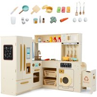 Gymax Corner Kitchen Playset Wooden Pretend Play Kitchen With Fridge in Beige