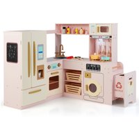 Gymax Corner Kitchen Playset Wooden Pretend Play Kitchen With Fridge in Pink