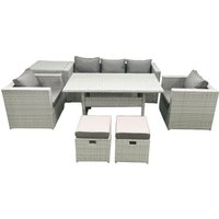 Fimous Garden Dining Set Outdoor Rattan Furniture Set with Sofa Dining Table 2 Chairs 2 Small Footstools Side Table Light Grey Mixed