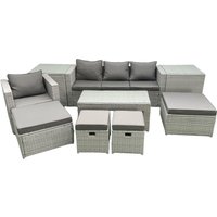 Fimous Rattan Garden Furniture Set Outdoor Lounger Sofa with Coffee Table 4 Footstools 2 Side Tables Light Grey Mixed