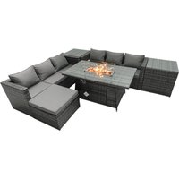 Fimous Rattan Garden Furniture Firepit Dining Set 6 Seater Lounge Sofa Table Set with 2 Side Tables Footstool in Dark Grey
