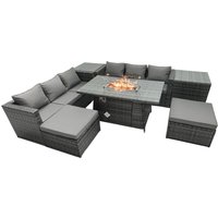 Fimous Rattan Garden Furniture Firepit Dining Set 6 Seater Lounge Sofa Table Set with 2 Side Tables 2 Footstool in Dark Grey