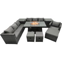 Fimous Rattan Garden Furniture Firepit Dining Set 10 Seater Lounge Sofa Table Set with 2 side table 3 Footstool in Dark Grey