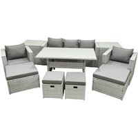 Fimous Rattan Garden Furniture Set Outdoor 9 Seater Patio Dining Sets with Glass Top Dining Table & 2 Side Tables Light Grey Mixed