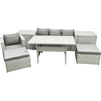 Fimous Rattan Garden Furniture Set Outdoor 6 Seater Patio Dining Sets with Glass Top Dining Table 2 Side Tables Light Grey Mixed