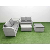 Fimous 5 Seater Outdoor Love Sofa Set Rattan Garden Furniture Set with Rectangular Coffee Table Big Footstool Side Table Light Grey