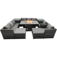 Fimous Rattan Garden Furniture Firepit Dining Set 10 Seater Lounge Sofa Table Set with 2 side table 2 big Footstool in Dark Grey