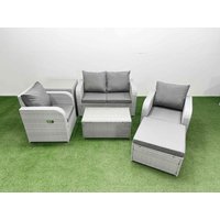 Fimous Light Grey PE Wicker Rattan Garden Furniture Set Sofa Set Reclining Adjustable Chair Rectangular Coffee Table 5 Seater w/ Footstool Side Table