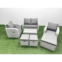 Fimous Light Grey PE Wicker Rattan Garden Furniture Set Sofa Set Reclining Adjustable Chair Rectangular Coffee Table 7 Seater 3 Stools