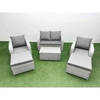 Fimous Light Grey PE Wicker Rattan Garden Furniture Set Sofa Set Reclining Adjustable Chair Rectangular Coffee Table 6 Seater 2 Big Stools