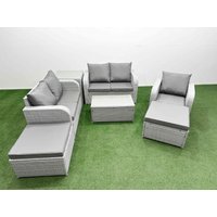 Fimous High Back Poly Rattan Garden Furniture Set w/ Reclining Chair Loveseat Sofa Rectangular Coffee Table Indoor Outdoor Patio Set 2 Big Stool Side