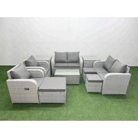 Fimous 9 Seater Outdoor Reclining Chair Love Sofa Set Rattan Garden Furniture Set with Rectangular Coffee Table 3 Stools 2 Side Table Light Grey