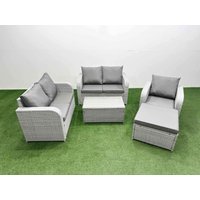 Fimous High Back Poly Rattan Garden Furniture Set w/ Reclining Chair Loveseat Sofa Rectangular Coffee Table Indoor Outdoor Patio Set Big Stool Light