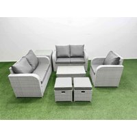 Fimous High Back Poly Rattan Garden Furniture Set w/ Reclining Chair Loveseat Sofa Rectangular Coffee Table Indoor Outdoor Patio Set 2 Stool Side