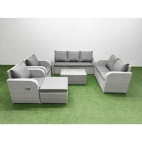 Fimous PE Rattan Garden Furniture Set Adjustable Chair Sofa Double Love Seat 2 Seater Sofa Lounge Set Oblong Coffee Table Big Footstool Light Grey