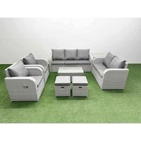 Fimous PE Rattan Garden Furniture Set Adjustable Chair Sofa Double Love Seat 2 Seater Sofa Lounge Set Oblong Coffee Table 2 Stools Side Table Light
