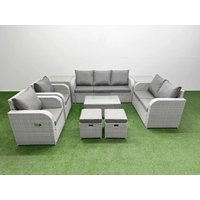 Fimous PE Rattan Garden Furniture Set Adjustable Chair Sofa Double Love Seat 2 Seater Sofa Lounge Set Oblong Coffee Table 2 Stools 2 Side Table Light