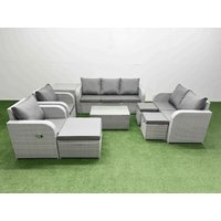 Fimous PE Rattan Garden Furniture Set Adjustable Chair Sofa Double Love Seat 2 Seater Sofa Lounge Set Oblong Coffee Table 3 Stools Side Table Light
