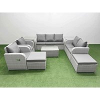 Fimous PE Rattan Garden Furniture Set Adjustable Chair Sofa Double Love Seat 2 Seater Sofa Lounge Set Oblong Coffee Table 2 Big Footstool 2 Side