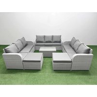 Fimous PE Rattan Lounge Sofa Set 11 Seater Outdoor Garden Furniture Set with Rectangular Coffee Table 3 Seater Sofa 2 Big Footstools Light Grey