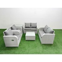 Fimous 6 Seater Outdoor Reclining Chair Love Sofa Set Rattan Garden Furniture Set with Square Coffee Table Side Table Light Grey