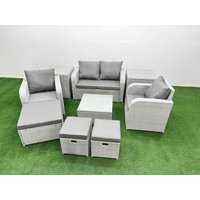 Fimous Light Grey PE Wicker Rattan Garden Furniture Set Sofa Set Reclining Adjustable Chair Square Coffee Table 7 Seater 3 Stools 3 Side Table