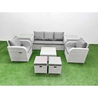 Fimous PE Rattan Garden Furniture Set Reclining Chair Sofa Lounge Sofa Set Square Coffee Table 2 Side Table 2 Small Stools Light Grey