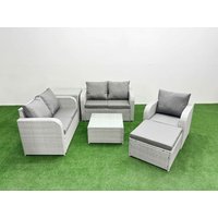 Fimous High Back Poly Rattan Garden Furniture Set w/ Reclining Chair Loveseat Sofa Square Coffee Table Indoor Outdoor Patio Set Big Stool Side Table