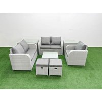 Fimous High Back Poly Rattan Garden Furniture Set w/ Reclining Chair Loveseat Sofa Square Coffee Table Indoor Outdoor Patio Set 2 Stool 2 Side Table