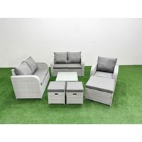 Fimous High Back Poly Rattan Garden Furniture Set with Reclining Chair Loveseat Sofa Square Coffee Table Indoor Outdoor Patio Set 3 Stools Light Grey