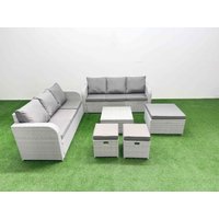 Fimous Outdoor Garden Furniture Sets 9 Seater Wicker Rattan Furniture Sofa Sets with Square Coffee Table high Back Lounge Sofa 3 Stools Light Grey