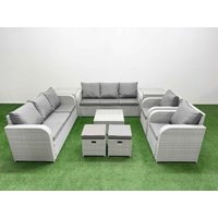 Fimous PE Rattan High Back Lounge Sofa Set Patio Square Coffee Table & Chairs Set with 3 Seater Sofa Reclining Chair Stools 2 Side Table Light Grey