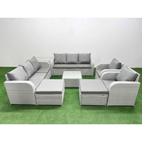 Fimous PE Rattan High Back Lounge Sofa Set Patio Square Coffee Table & Chairs Set w/ 3 Seater Sofa Reclining Chair 2 Big Footstool Side Table Light