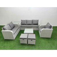 Fimous Patio PE Wicker 8 Seater Outdoor Rattan Furniture Sofa Sets w/ Square Coffee Table Reclining Chair Loveseat Sofa 3 Seater Sofa Stool Side