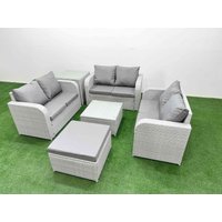Fimous 7 Seater PE Wicker Rattan Furniture Sofa Sets with Square Coffee Table 2 Seater Love Sofa Big Footstool Side Table Light Grey